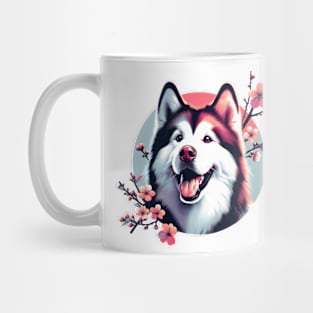 Joyful Alaskan Malamute Amidst Spring Cherry Blossoms Mug